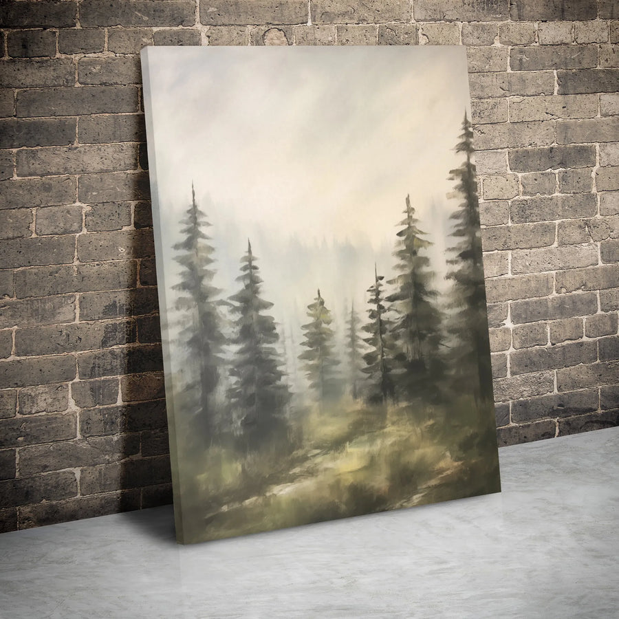 Misty Pine Forest Canvas Wall Art | Foggy Evergreen Woodland Painting | Premium 1.25" Gallery Wrap | Nature-Inspired Home Office Decor