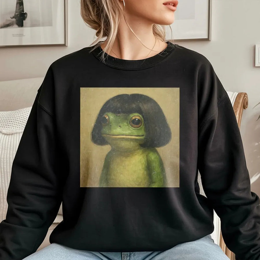 Funny Frog Meme Sweatshirt | Aesthetic Frog Wearing A Bob Wig | Premium Cotton Blend | Gift For Gen Z Humor Lovers