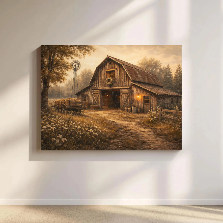 Rustic Barn Canvas Wall Art | Country Farmhouse Landscape Painting | Premium Gallery Wrapped Canvas | Farmhouse Living Room Decor Gift
