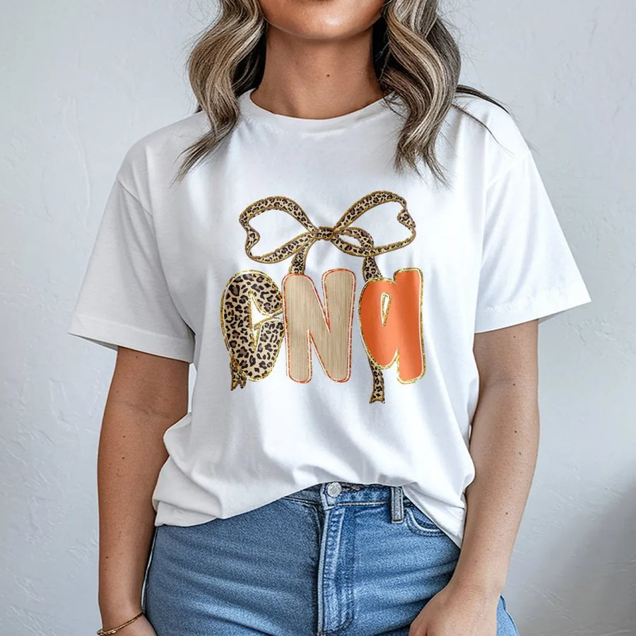 CNA T-Shirt | Leopard Print Bow Aesthetic Design | Premium Cotton Apparel | Cute Nursing Student Gift & Healthcare Worker Apparel