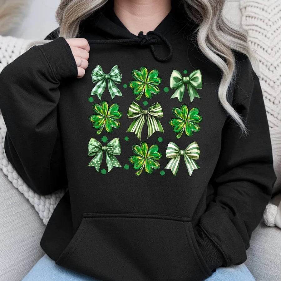 St. Patrick's Day Coquette Bow Hoodie | Lucky Shamrock Aesthetic Graphic | Premium Cotton Blend Sweatshirt | Cute Irish Gift For Her