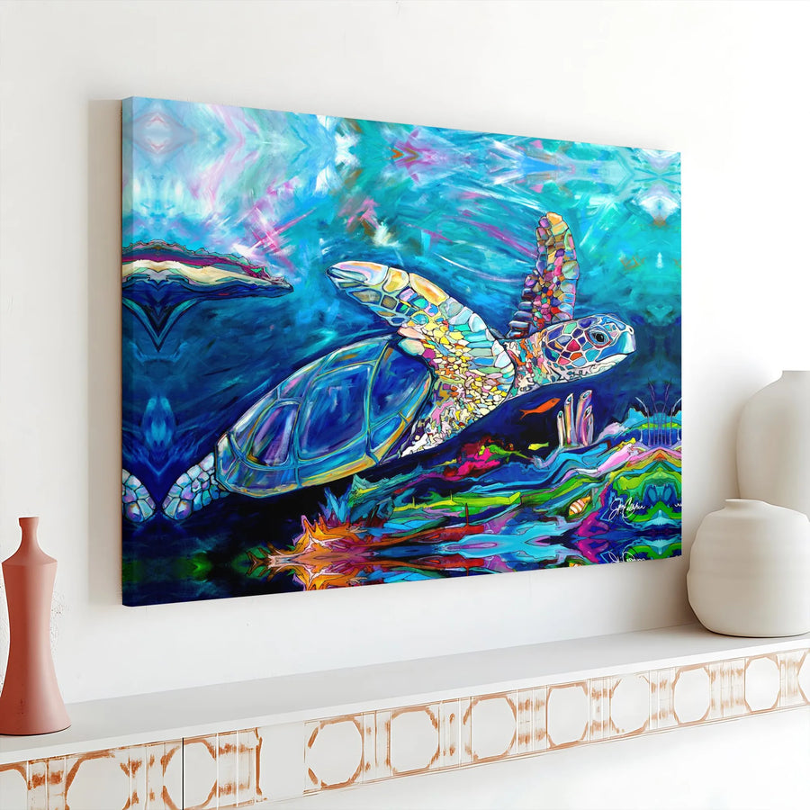 Sea Turtle Canvas Wall Art | Abstract Ocean Painting Print | Premium Stretched Canvas | Coastal Home Decor Gift for Marine Life Lovers