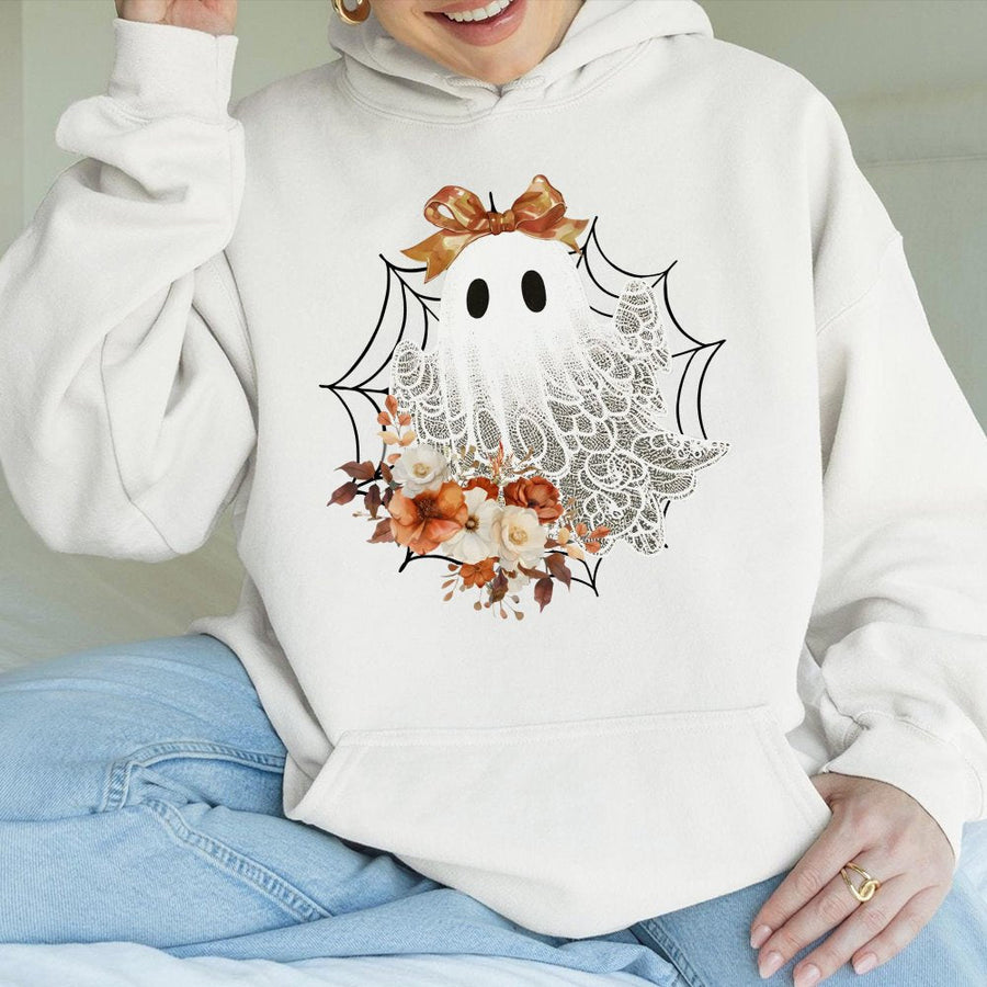 Lace Ghost Hoodie | Coquette Bow Floral Fall Design | Soft Cotton-Poly Premium Pullover | Trendy Halloween Gift For Women