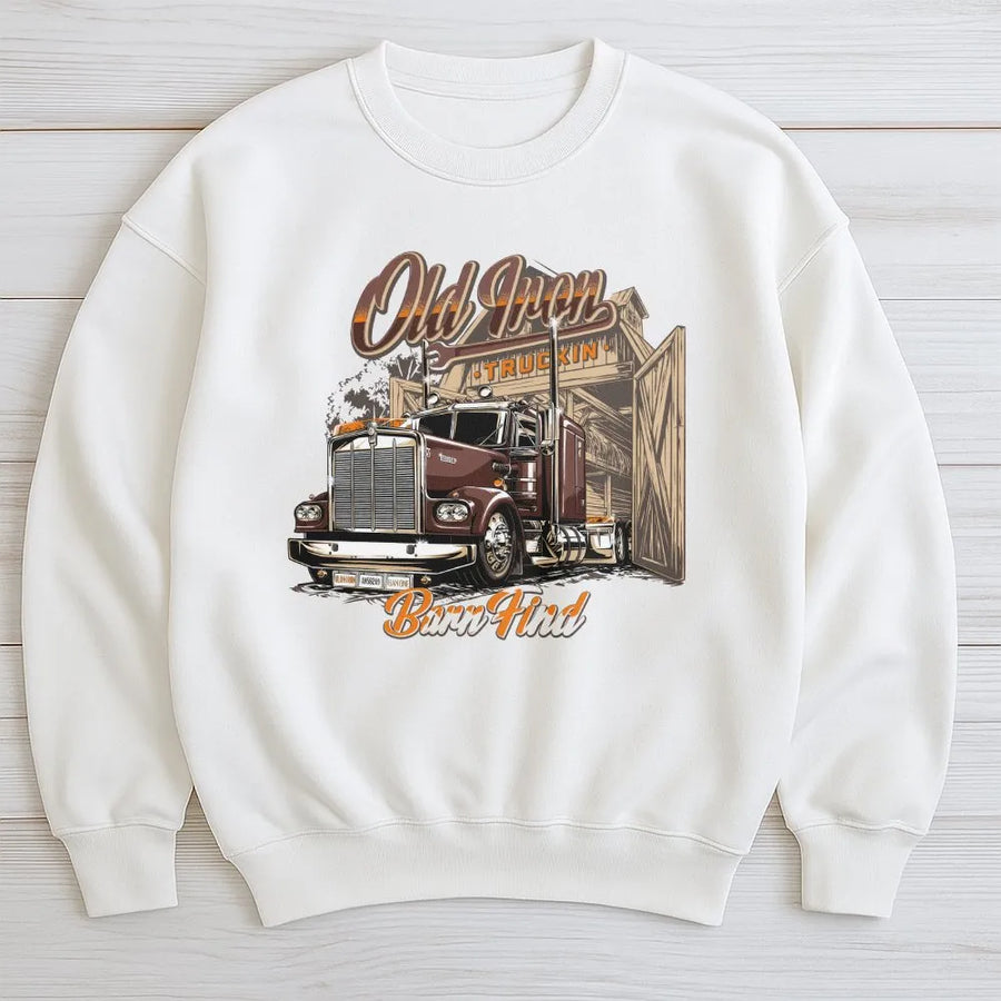 Old Iron Truckin' Sweatshirt | Vintage Semi Truck Barn Find Graphic | Premium Cotton Blend | Gift For Truck Driver & Big Rig Enthusiast