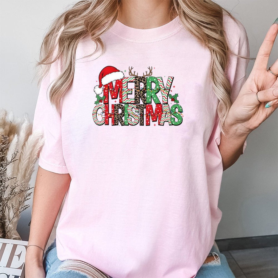 Merry Christmas T-Shirt | Leopard Print Reindeer Antlers Graphic | 100% Premium Cotton | Festive Holiday Apparel Gift for Women and Family