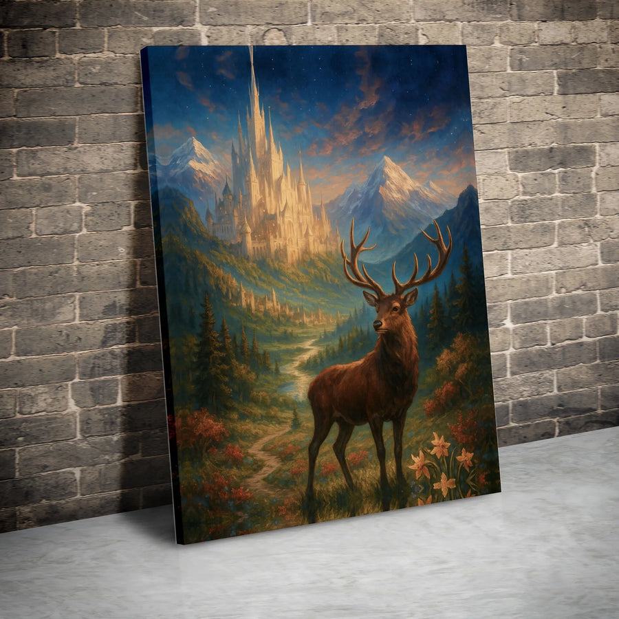 Fantasy Stag Canvas Wall Art | Enchanted Castle Mountain Landscape | Premium Gallery Wrap Decor | Mythical Forest Decor Gift for Nature Lovers