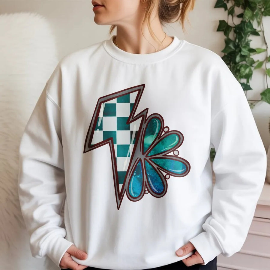 Western Lightning Bolt Sweatshirt | Teal Checkered Graphic Print | Premium Cotton Blend | Retro Country Cowgirl Gift For Women