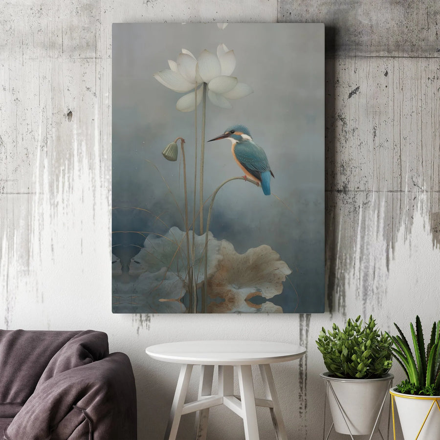 Kingfisher Bird and Lotus Flower Canvas Wall Art | Serene Botanical Nature Print | Premium Fade-Resistant Gallery Wrap | Elegant Home Office Decor