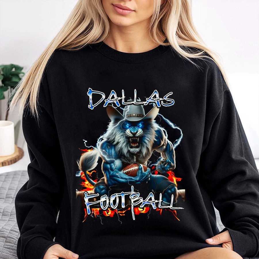 Dallas Football With Muscular Blue Lion Mascot In Cowboy Hat Holding A Football With Lightning Sweatshirt