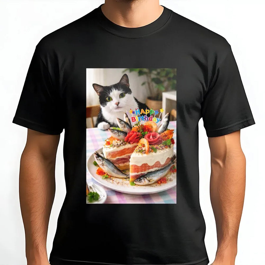 Cat Birthday T-Shirt | Funny Fish Cake Graphic Tee | Premium 100% Cotton Shirt | Unique Gift for Cat Lovers & Pet Owners