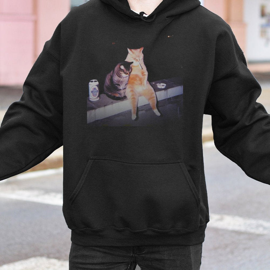 Funny Smoking Cat Hoodie | Retro Aesthetic Drinking Cats Graphic | Premium Cotton Blend Pullover | Unique Gift for Cat Lovers & Meme Fans