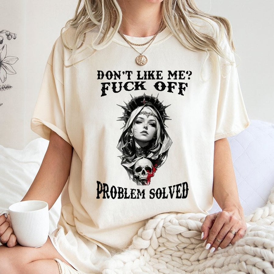 Don't Like Me Fuck Off T-Shirt | Gothic Valkyrie Skull Graphic | Premium 100% Cotton Tee | Edgy Streetwear Gift for Men and Women