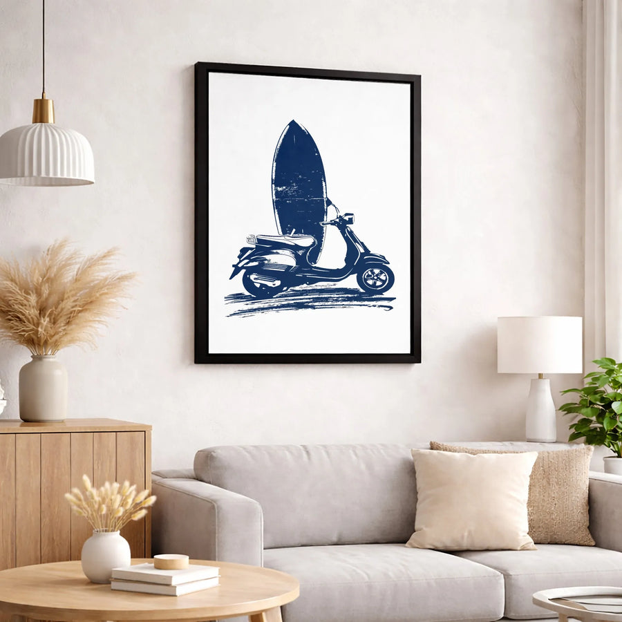 Vintage Scooter Surfboard Wall Art | Coastal Navy Blue Sketch Print | Premium Gallery Wrapped Canvas | Beach House Summer Home Decor