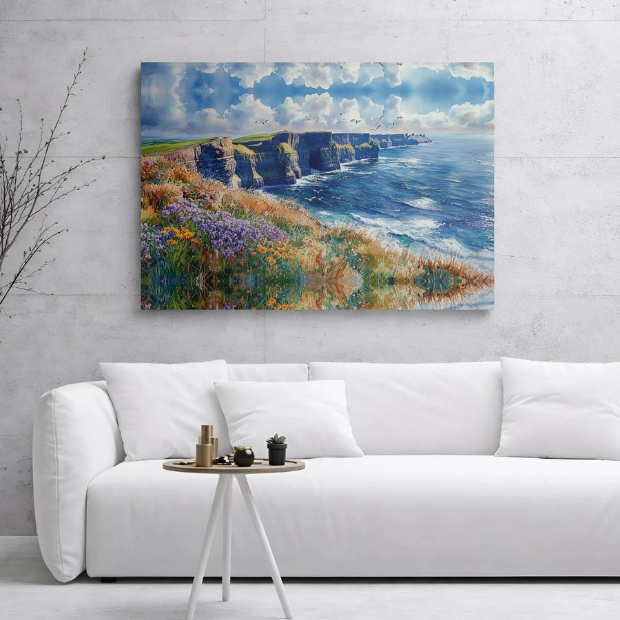 Cliffs of Moher Canvas Print | Irish Sea Coastal Landscape Watercolor | 1.25 Inch Gallery Wrap | Premium Nature Wall Art Decor for Home