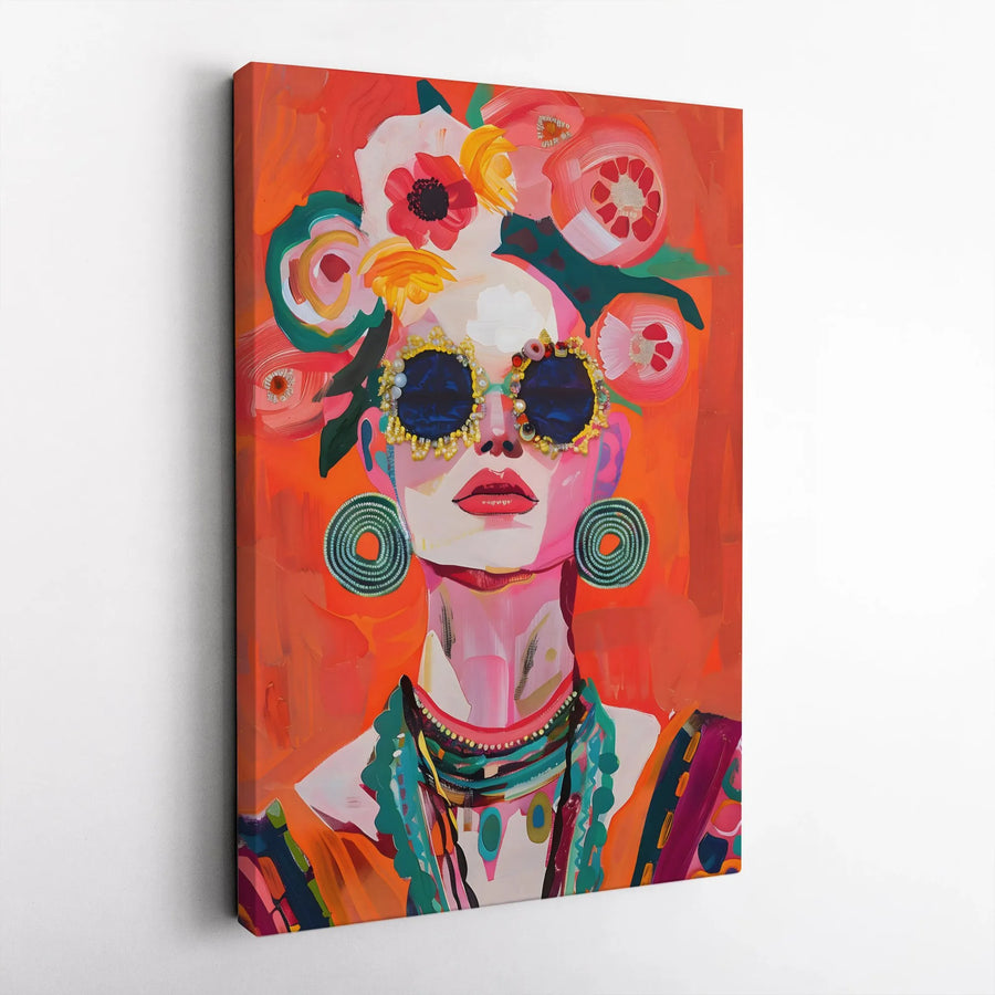 Abstract Woman Canvas Art | Floral Headdress & Bejeweled Sunglasses | Gallery-Quality Fade-Resistant Print | Bohemian Home Decor Gift