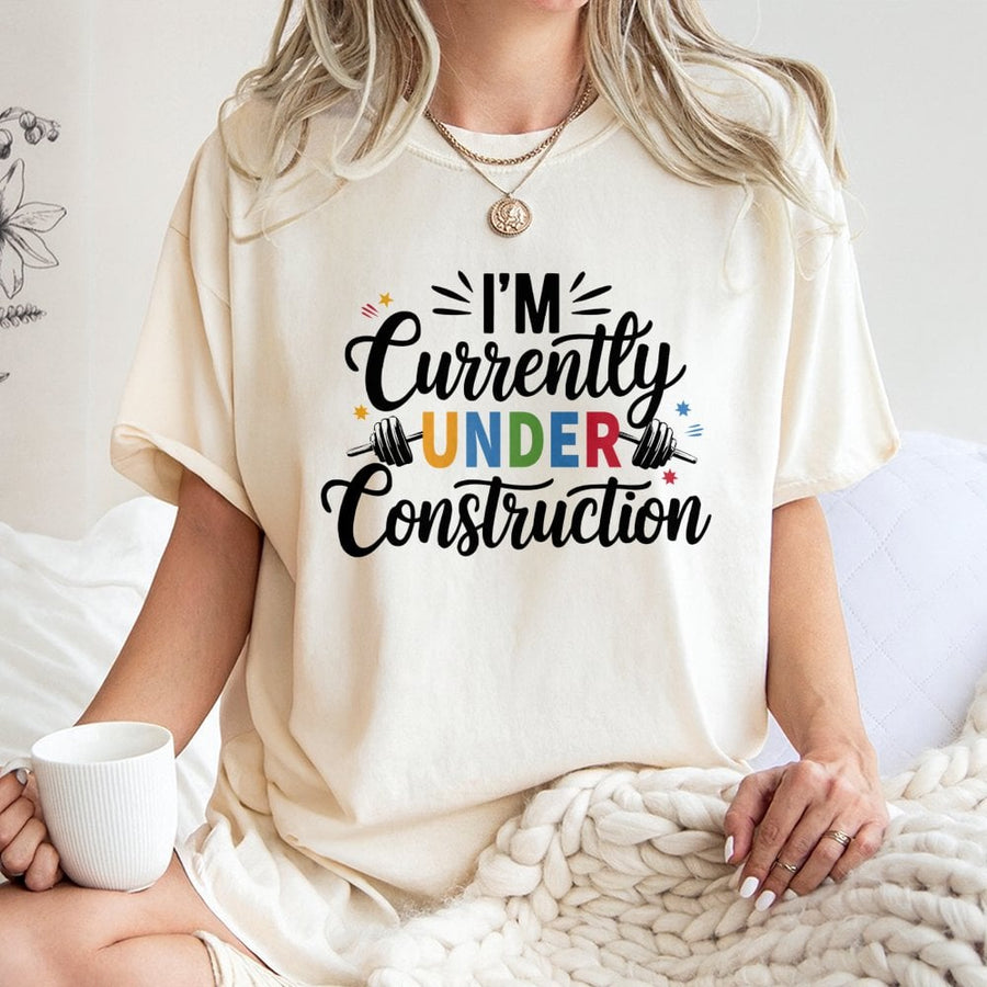 I'm Currently Under Construction Gym T-Shirt | Weightlifting Barbell Graphic Print | 100% Cotton Premium Tee | Funny Workout Gift for Fitness Lovers