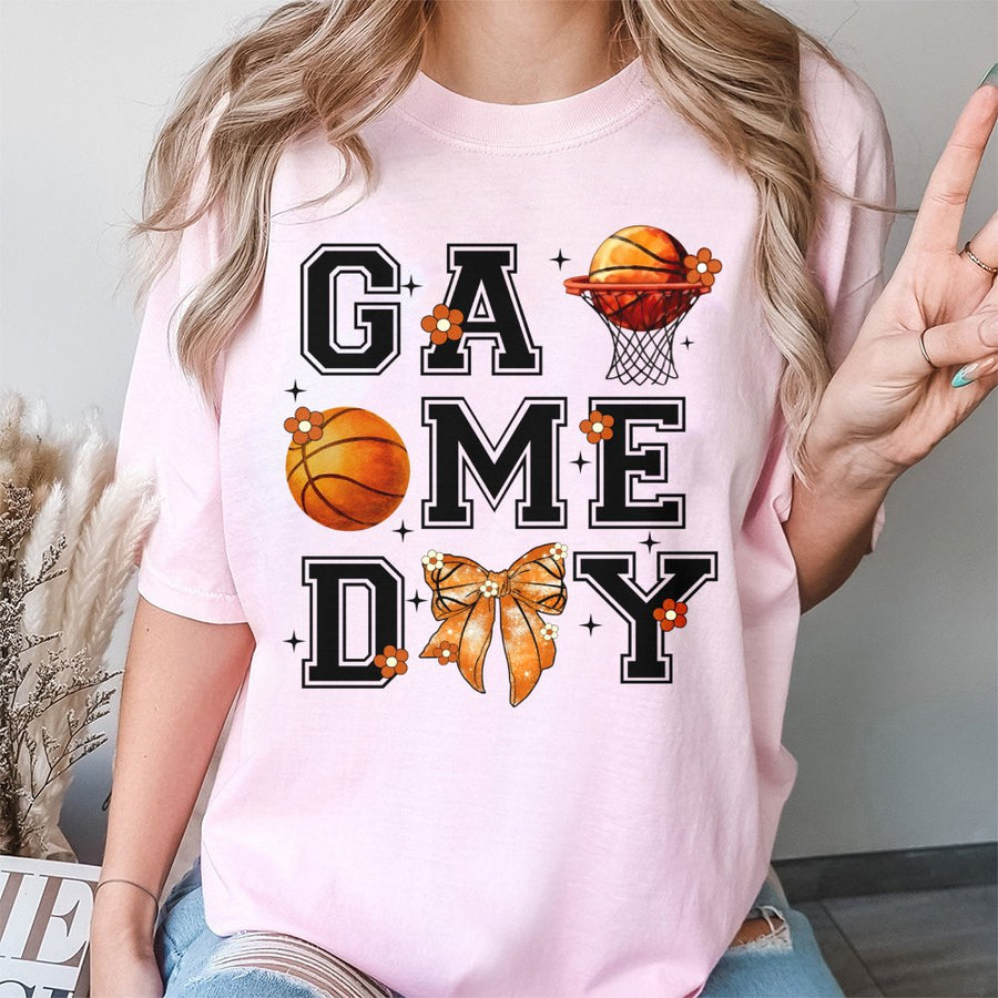Game Day Basketball T-Shirt | Retro Coquette Bow Graphic Design | 100% Cotton Premium Tee | Cute Basketball Mom Gift for Sports Fans