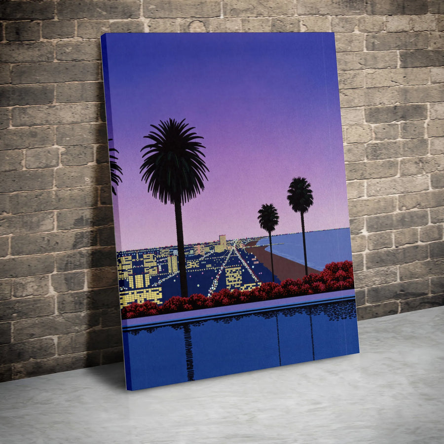 Vaporwave Cityscape Canvas Art | 80s Japanese Aesthetic Palm Tree Scene | Premium 1.25" Gallery Wrap | Modern Retro Home Decor Gift