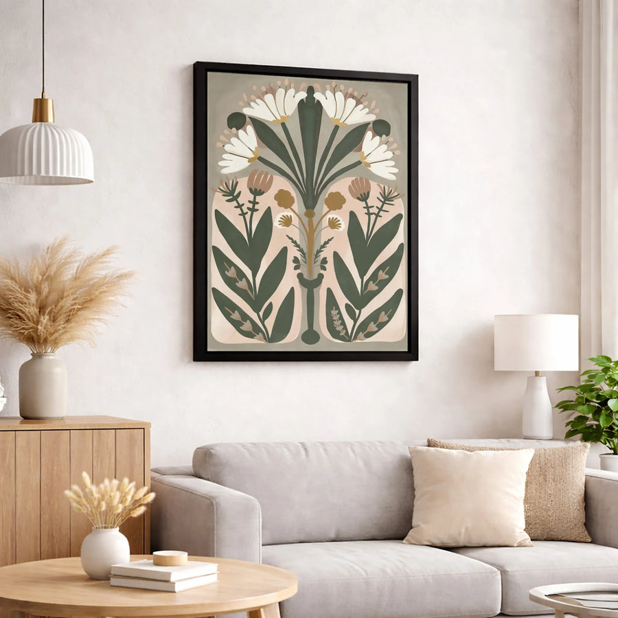 Boho Floral Canvas Wall Art | Symmetrical Botanical Flower Print | Premium 1.25-Inch Gallery Wrap | Modern Neutral Home Decor Gift
