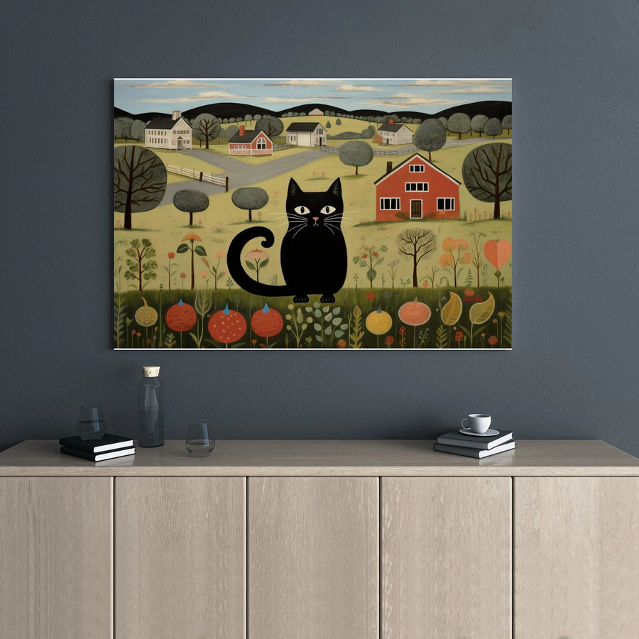Folk Art Black Cat Wall Art | Pastoral Village Landscape Canvas | 1.25" Gallery Wrap | Whimsical Country Home Decor Gift