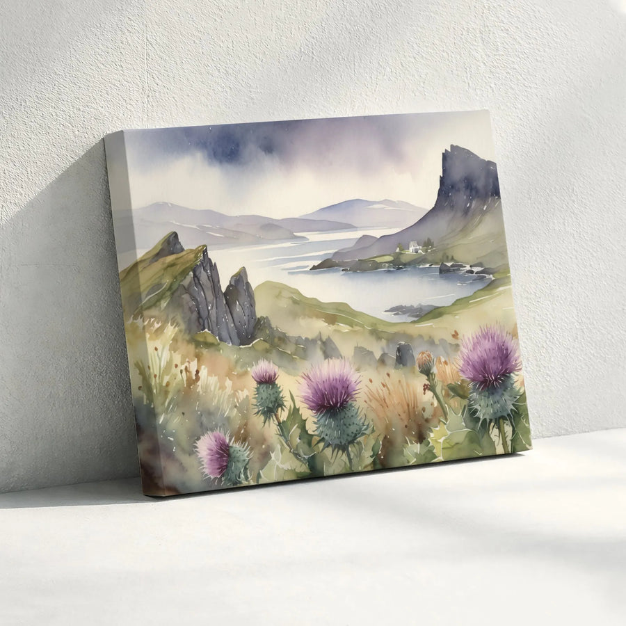 Scottish Highlands Canvas Print | Watercolor Thistle Landscape Art | Premium 1.25" Thick Profile | Modern Farmhouse Wall Decor Gift