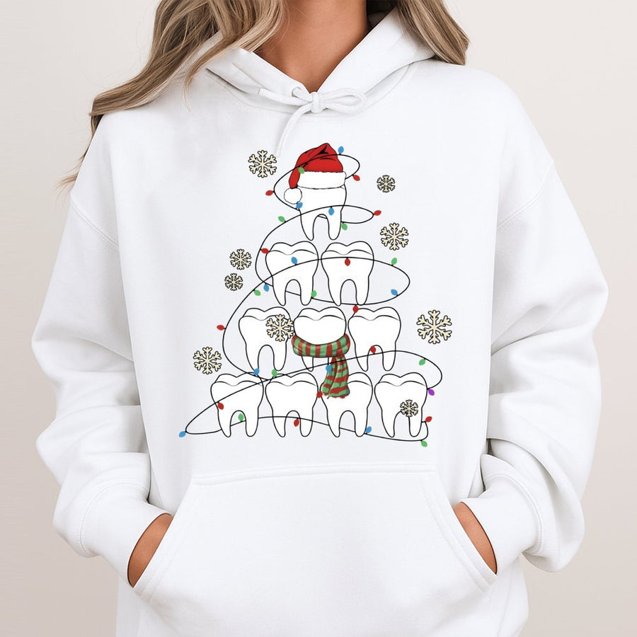 Dentist Christmas Tree Hoodie | Cute Tooth Holiday Graphic Design | Soft Cotton Blend Sweatshirt | Funny Dental Hygienist Gift for Him Her