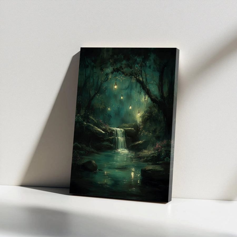 Enchanted Forest Canvas Wall Art | Dark Fantasy Waterfall with Glowing Lanterns | Premium Canvas Print | Mystical Home Decor Gift for Fantasy Lovers