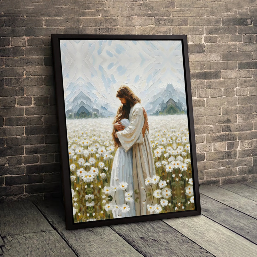 Jesus Embracing Woman Canvas Wall Art | Emotional Faith Inspired Floral Print | Premium Gallery Wrapped Decor | Christian Home Gift For Believers