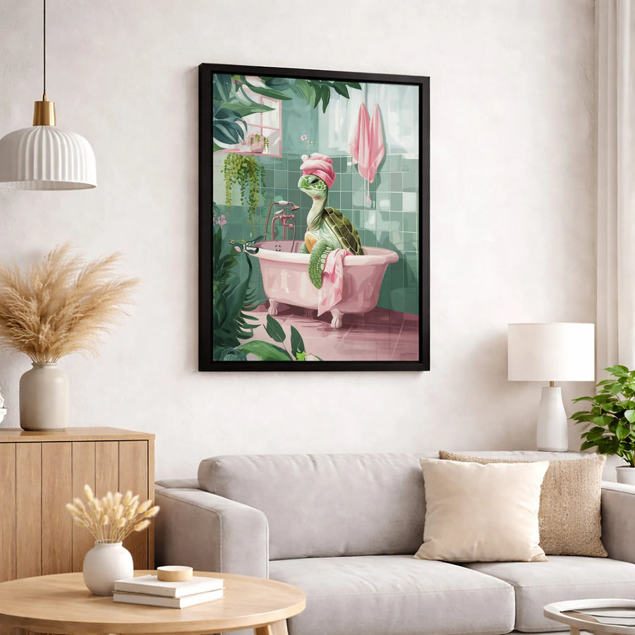 Sea Turtle Art Print | Whimsical Bathroom Decor with Pink Bathtub | Premium Fade-Resistant Canvas | Unique Gift for Animal Lovers