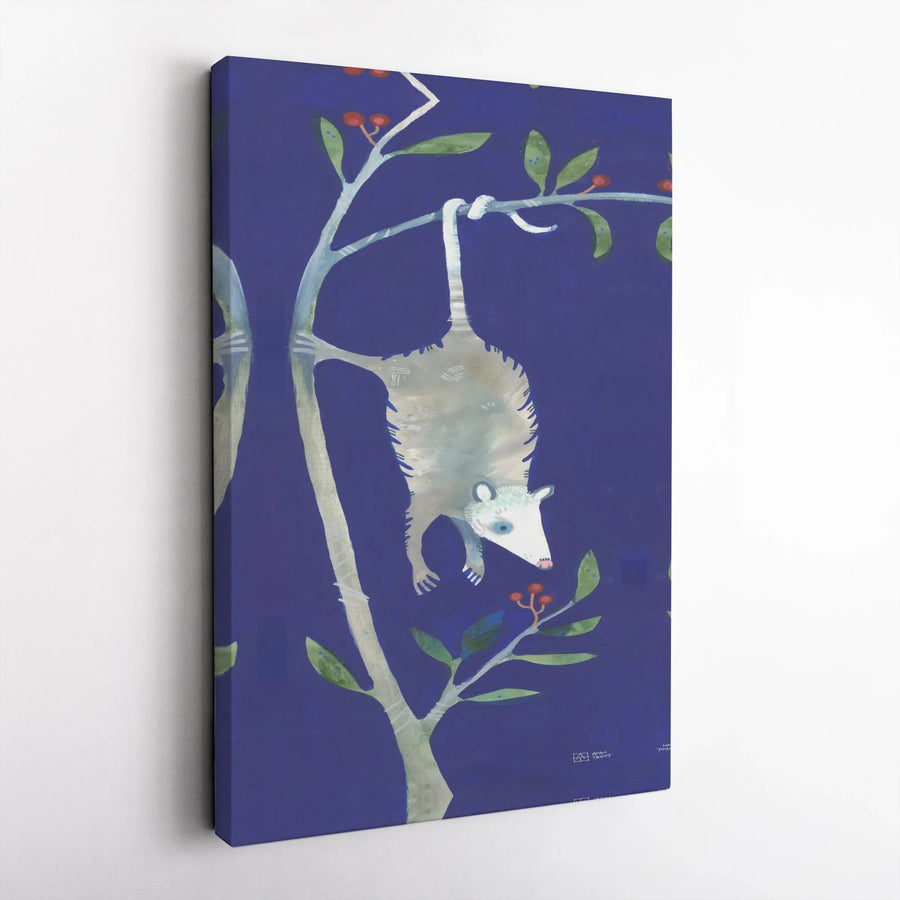 Opossum Wall Art Canvas | Hanging Possum with Red Berries Illustration | Premium Gallery Wrap Decor | Nature Wildlife Animal Gift for Home Office