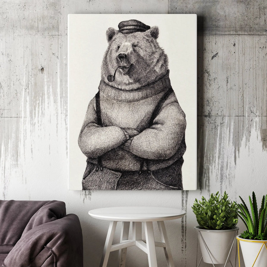 Sailor Bear Canvas Wall Art | Vintage Bear Smoking Pipe Illustration | Premium Gallery Wrap Canvas | Nautical Home Decor Gift for Him