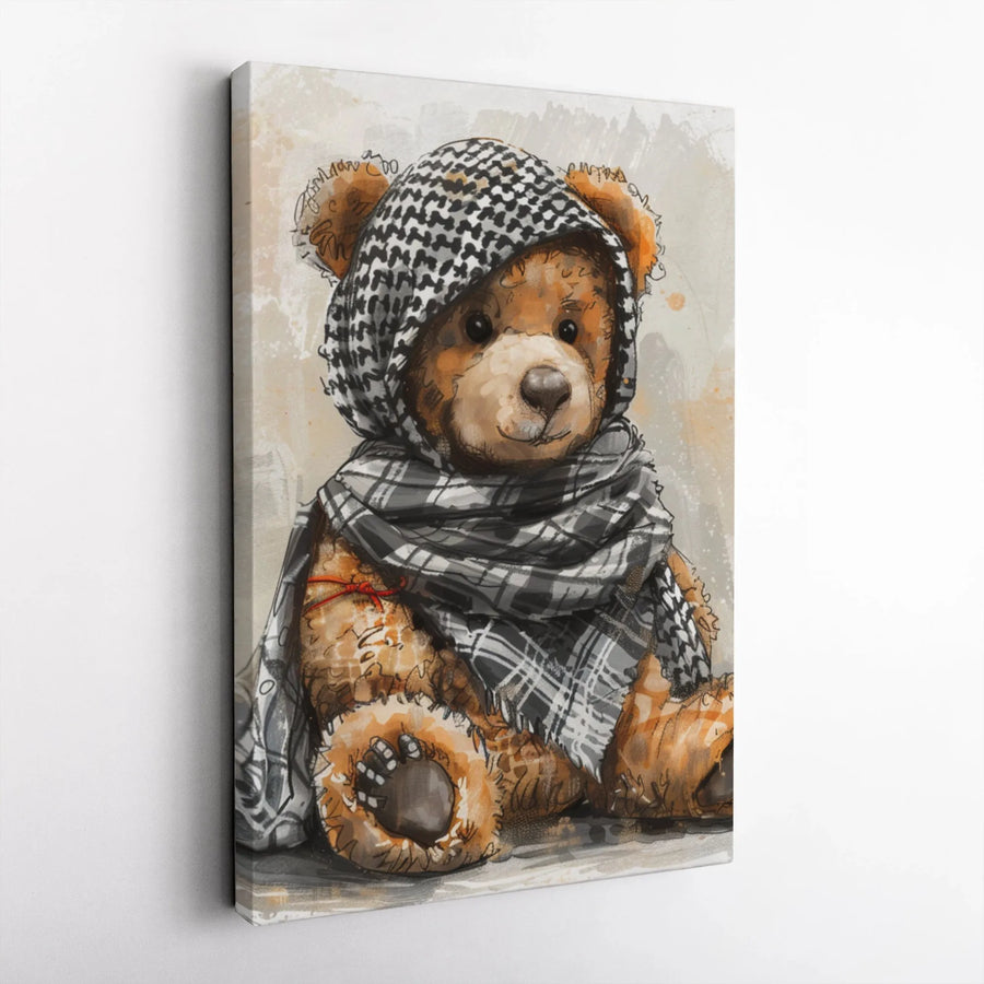 Teddy Bear Wall Art | Artistic Keffiyeh Scarf Illustration | Premium Canvas Print | Cultural Home Decor Gift for Nursery or Living Room