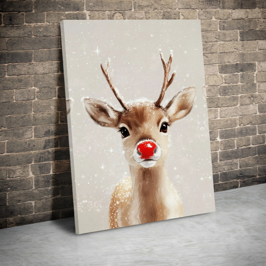 Red Nosed Reindeer Canvas Wall Art | Cute Christmas Animal Portrait | Premium Fade-Resistant Print | Holiday Home Decor Gift