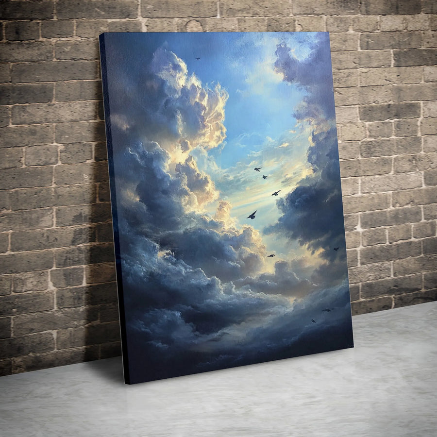 Cloudscape Canvas Wall Art | Dramatic Stormy Sky With Sunrays | Premium Gallery Wrapped Print | Inspirational Home Decor Gift