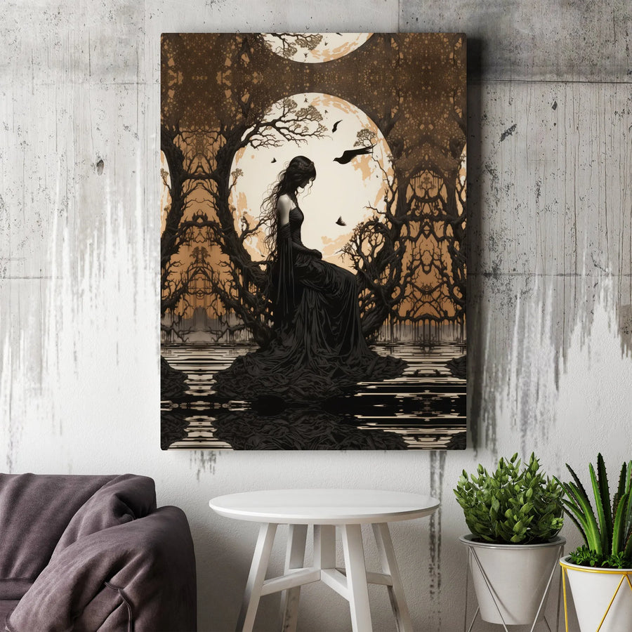 Gothic Woman Canvas Wall Art | Dark Forest Full Moon Silhouette | Premium 1.25-Inch Thick Gallery Wrap | Eerie Witchy Home Decor Gift