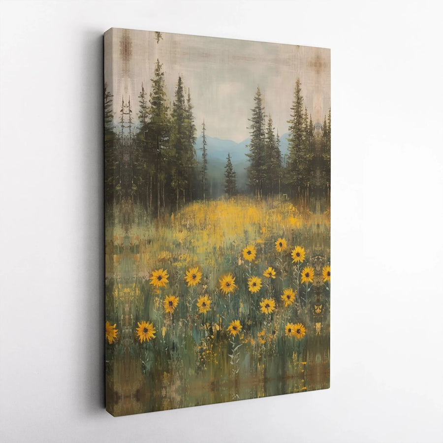 Sunflower Meadow Landscape Canvas | Forest Mountain Art Print | Gallery-Quality 1.25-Inch Profile | Nature Wall Decor Gift for Home & Office