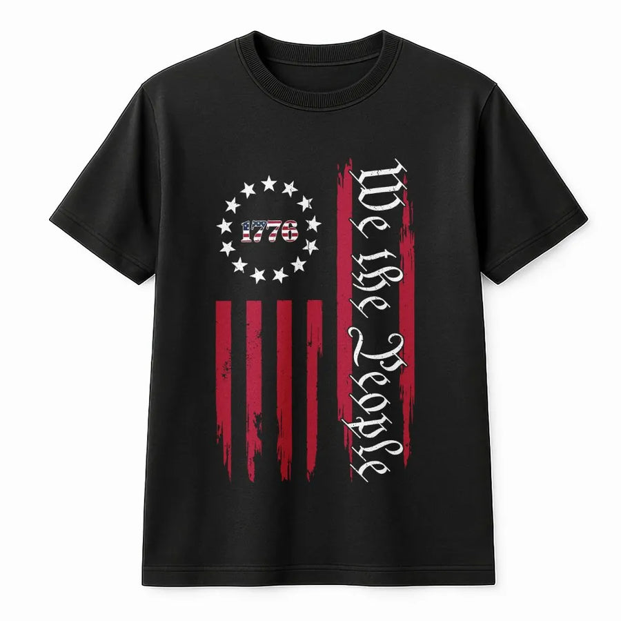 We The People 1776 T-Shirt | Vintage Distressed Vertical USA Flag | Premium Cotton Blend | Patriotic 4th of July Gift for Men