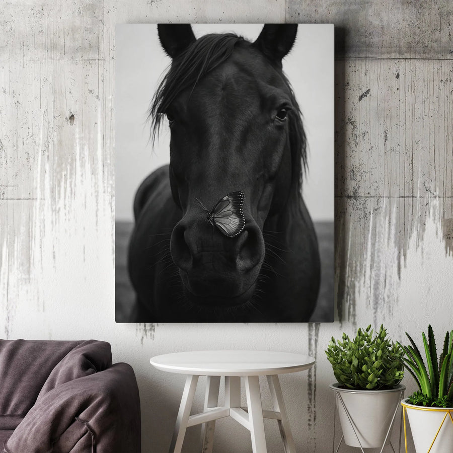 Black Horse and Butterfly Vertical Canvas | Monochrome Photography Wall Art | Premium 1.25" Thick Gallery Wrap | Modern Farmhouse Decor Gift for Equestrian