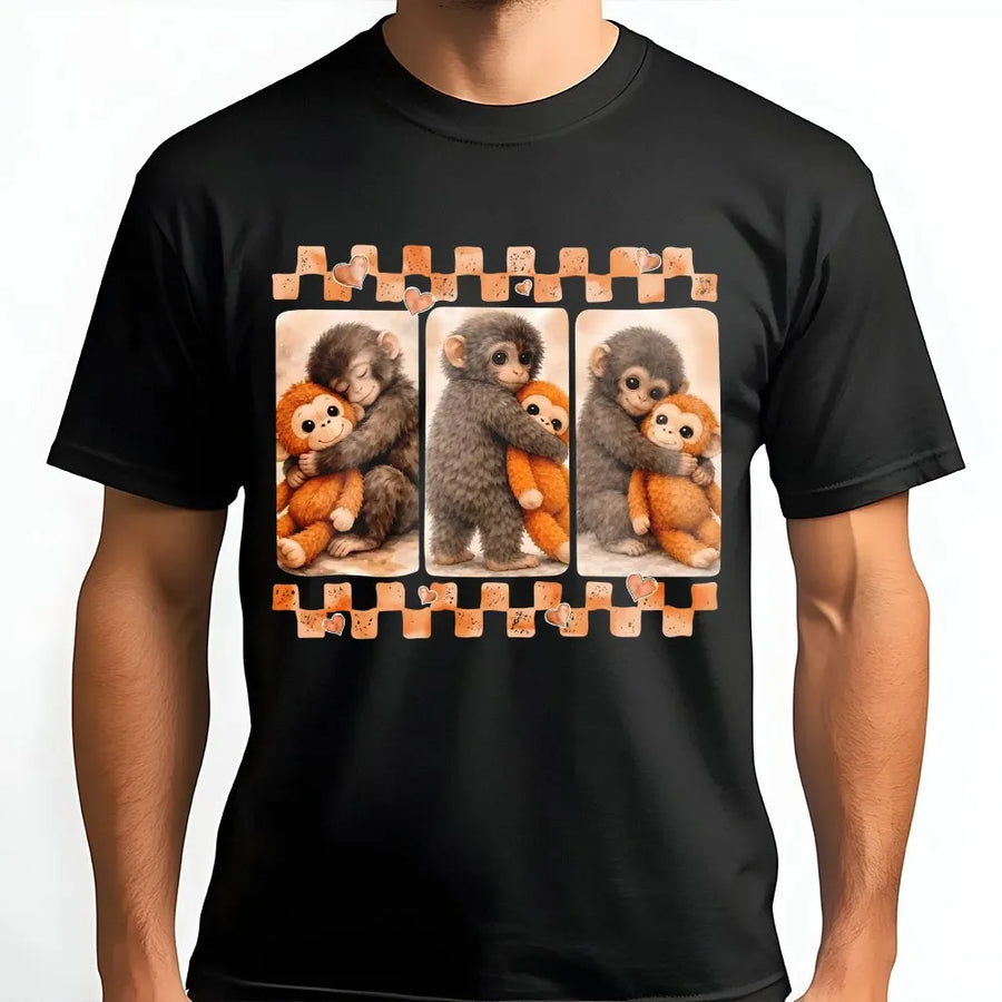 Cute Monkey Hugging Plushie T-Shirt | Viral Animal Meme Graphic Tee | Premium Soft Cotton Gift | Trendy Unisex Streetwear for Animal Lovers