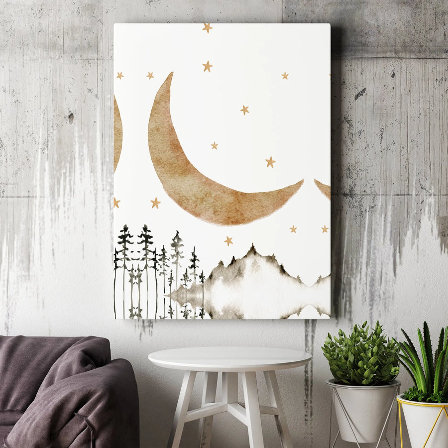 Crescent Moon Wall Art | Watercolor Forest and Mountain Landscape | Premium Gallery-Wrapped Canvas | Nursery Decor or Boho Home Gift