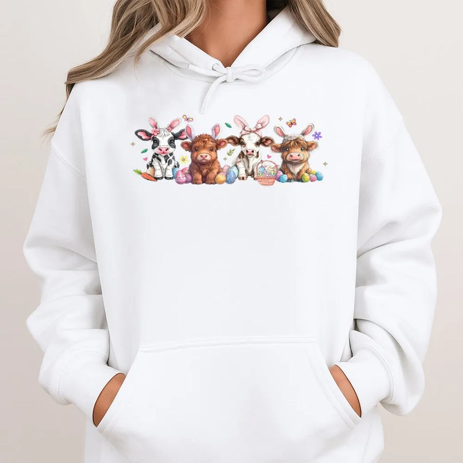 Easter Highland Cow Hoodie | Bunny Ears Farm Animal Graphic | Soft Cotton Blend | Festive Spring Gift For Her