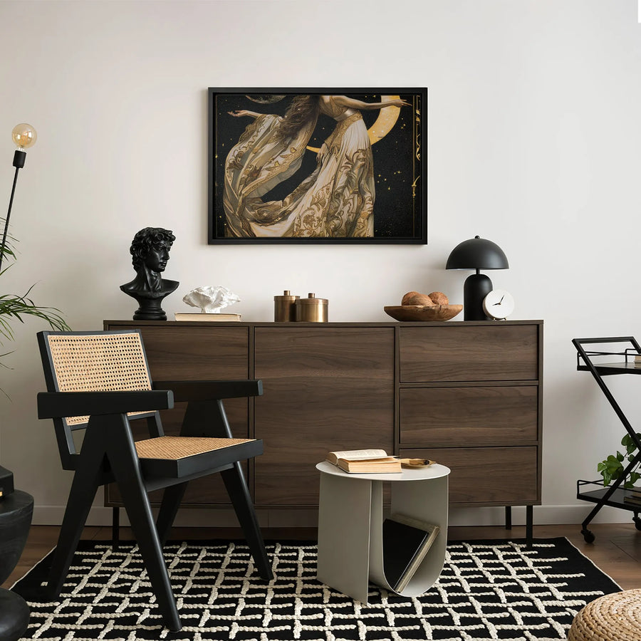 Celestial Goddess Canvas Art | Gold Moon and Stars Aesthetic | Premium Gallery-Wrapped Print | Enchanting Mythology Home Decor Gift
