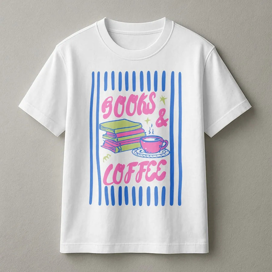 Retro Books and Coffee T-Shirt | Graphic Tee for Bookworms | Premium Soft Cotton | Book Lover and Reader Gift