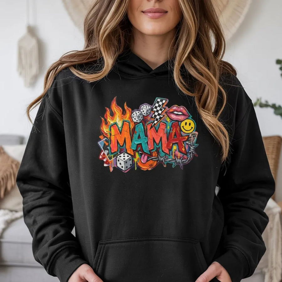 Retro Mama Graffiti Hoodie | 90s Street Art Style Graphic | Soft Cotton Unisex Tee | Trendy Mother's Day Gift for Cool Moms