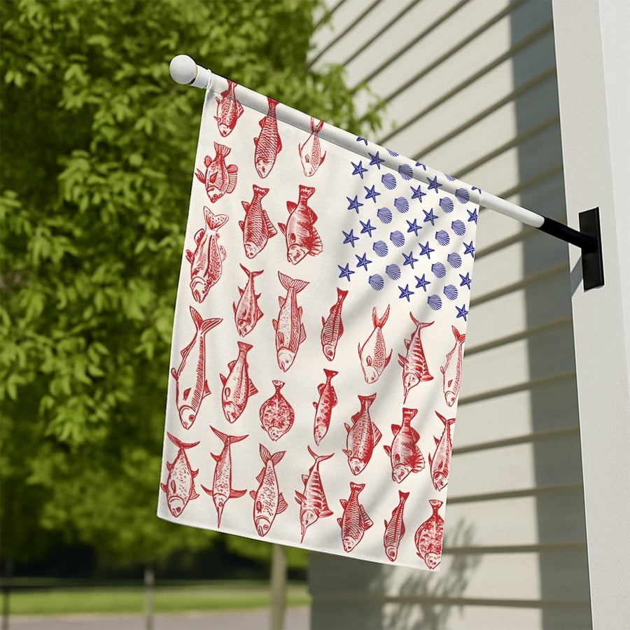 American Flag Garden Flag | Nautical Fish and Seashell Design | Weather-Resistant Premium Polyester | Patriotic Coastal Decor Gift
