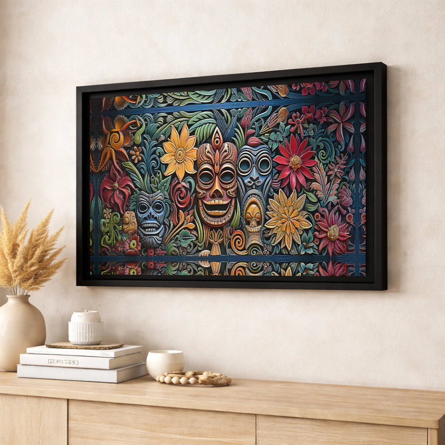 Tiki Mask Wall Art | Tropical Polynesian Wood Carving Style | Premium 1.25-Inch Canvas Print | Exotic Island Decor Gift