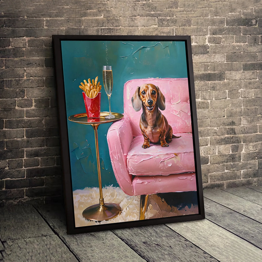 Dachshund Dog Wall Art | Pink Couch Champagne French Fries Canvas | Premium Gallery-Wrapped Print | Whimsical Pet Lover Gift