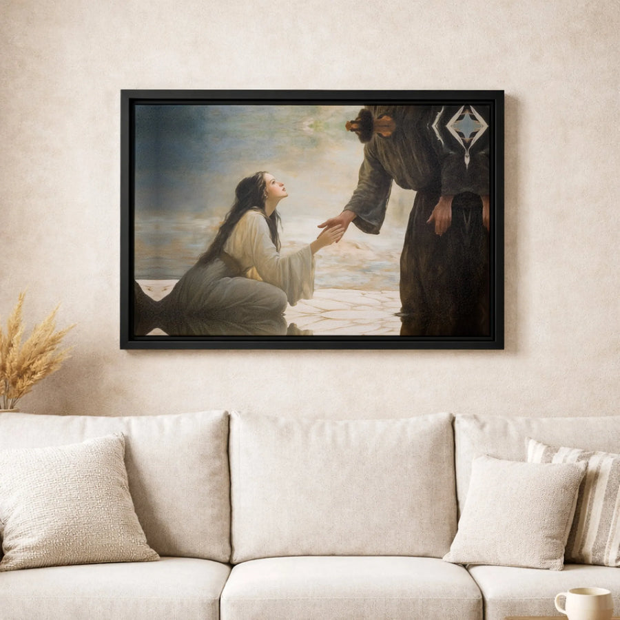 Jesus Reaching Down to Kneeling Woman Canvas | Religious Wall Art Print | Premium 1.25 Inch Gallery Wrap | Christian Home Decor Gift