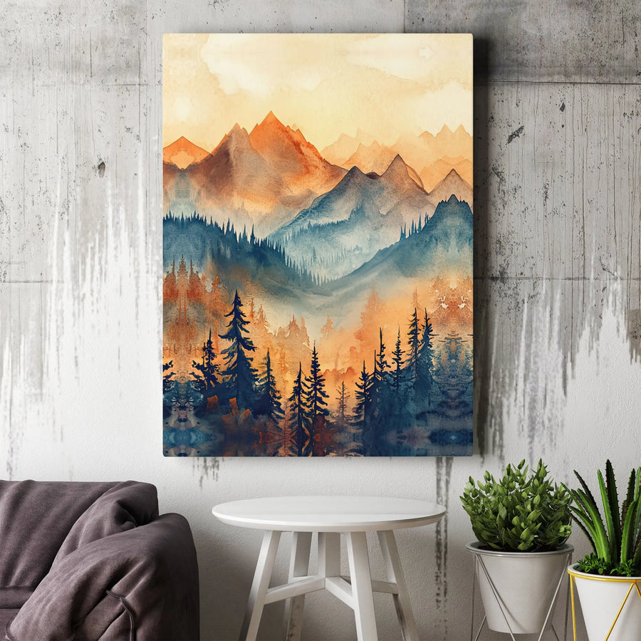 Mountain Landscape Canvas Wall Art | Watercolor Pine Forest Print | Premium 1.25 Inch Gallery Wrap | Modern Nature Home Decor Gift