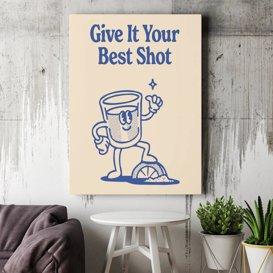 Give It Your Best Shot Canvas Art | Retro Cartoon Bar Decor | Premium Fade-Resistant Gallery Wrap | Fun Home Kitchen Wall Decor Gift